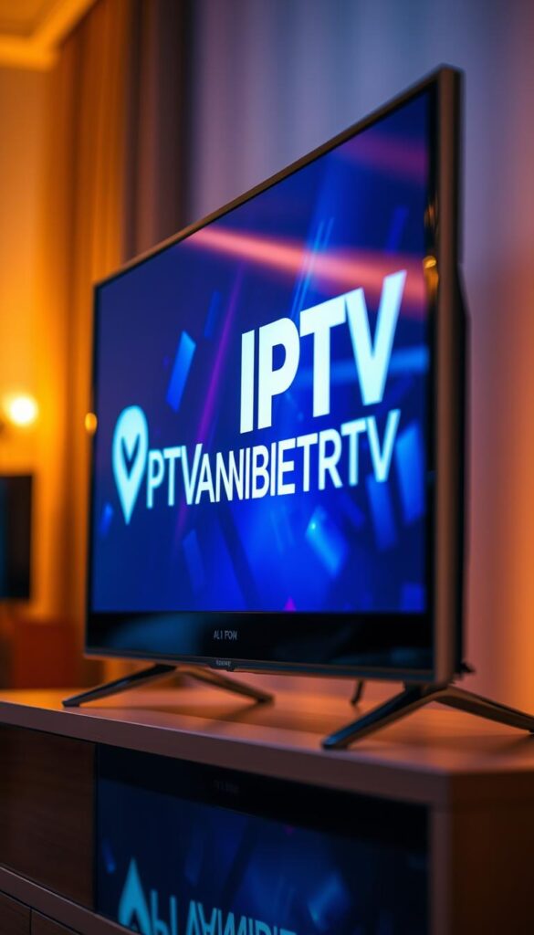 A close-up shot of a high-definition TV screen displaying the IPTVANBIETERTV logo, showcasing vibrant, crystal-clear video quality. The image is captured with a professional-grade camera, using a shallow depth of field to focus on the screen and blur the background. Soft, warm lighting illuminates the scene, creating a premium, cinematic atmosphere. The screen displays a visually stunning, lifelike image, demonstrating the exceptional streaming capabilities of the IPTVANBIETERTV service. The overall composition and attention to detail convey a sense of reliability, reliability, and superior performance.