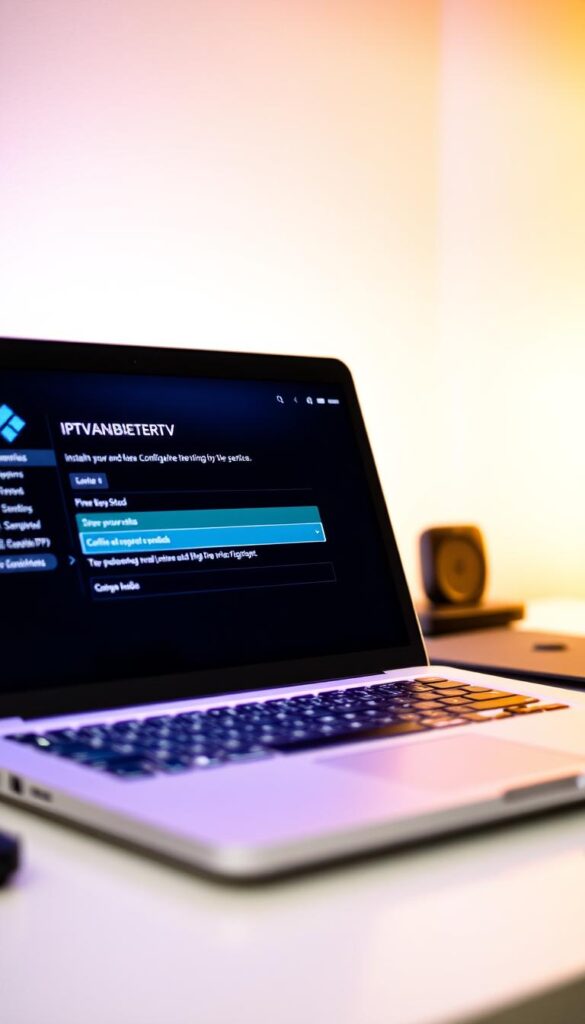 A close-up shot of a laptop screen displaying the IPTVANBIETERTV interface, showcasing the process of installing and configuring an IPTV service on the Kodi media center platform. The screen is well-lit, with a soft, warm glow illuminating the interface, creating a sense of ease and guidance. The laptop is positioned on a clean, uncluttered desk, hinting at a organized and focused workspace. The overall mood is one of simplicity and practicality, reflecting the step-by-step nature of the installation process.