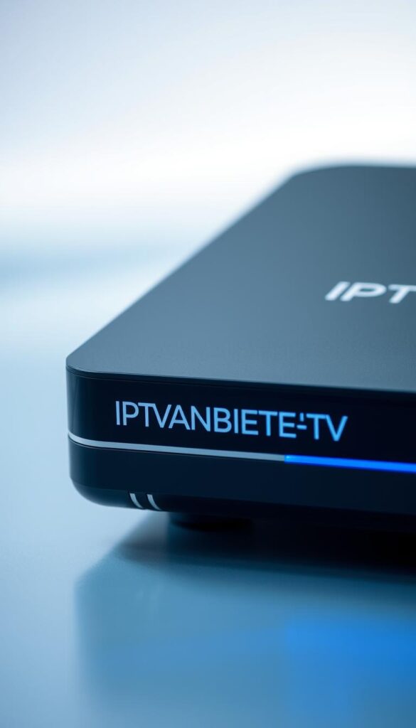 A close-up shot of a modern digital IPTV device with a sleek, minimalist design, showcasing the IPTVANBIETERTV brand name prominently displayed on the front panel. The device is set against a softly blurred, ethereal background with a gentle gradient of blues and greys, evoking a sense of technological sophistication and innovation. Crisp, directional lighting highlights the smooth contours and metallic accents of the IPTV box, creating a sense of depth and dimensionality. The overall mood is one of futuristic elegance, hinting at the advanced capabilities and premium content that IPTV technology can deliver.