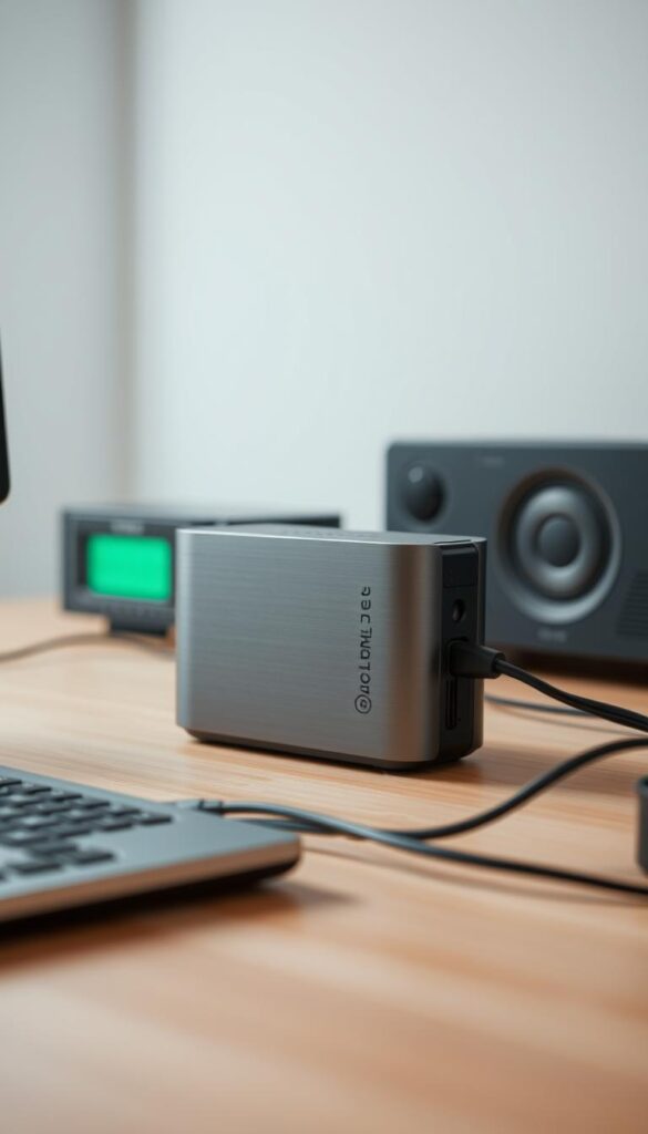 A close-up shot of a modern, sleek IPTVANBIETERTV device with a clean, minimalist design. It is sitting on a minimalist, wooden desk, surrounded by a few electronic devices and cables, conveying a sense of a home office or small media setup. The device is prominently displayed, with a matte, brushed metal finish that reflects the soft, diffused lighting of the scene. The background is slightly blurred, creating a sense of depth and focus on the IPTVANBIETERTV device as the central subject. The overall mood is one of simplicity, efficiency, and a focus on the technology at hand.