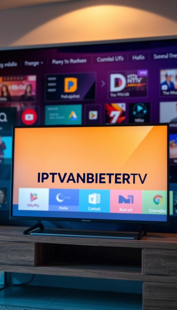 A close-up shot of a modern smart TV displaying the IPTVANBIETERTV brand logo against a blurred background of streaming media icons and UI elements. The TV is positioned on a sleek, minimalist wooden entertainment stand, illuminated by soft, warm lighting from above. The scene conveys a sense of technology, convenience, and affordability, hinting at the cost-effective IPTV service being advertised.