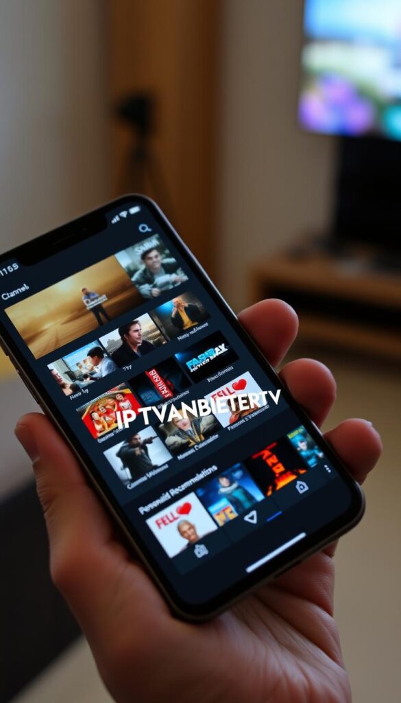 A close-up shot of a modern smartphone displaying a sleek and intuitive IPTV interface. The screen showcases a wide selection of live TV channels, on-demand content, and personalized recommendations. The device is held in a well-lit, minimalist setting, capturing the convenience and mobility of IPTV on the go. The IPTVANBIETERTV logo is prominently displayed, signifying the high-quality service and seamless integration with the smartphone platform.