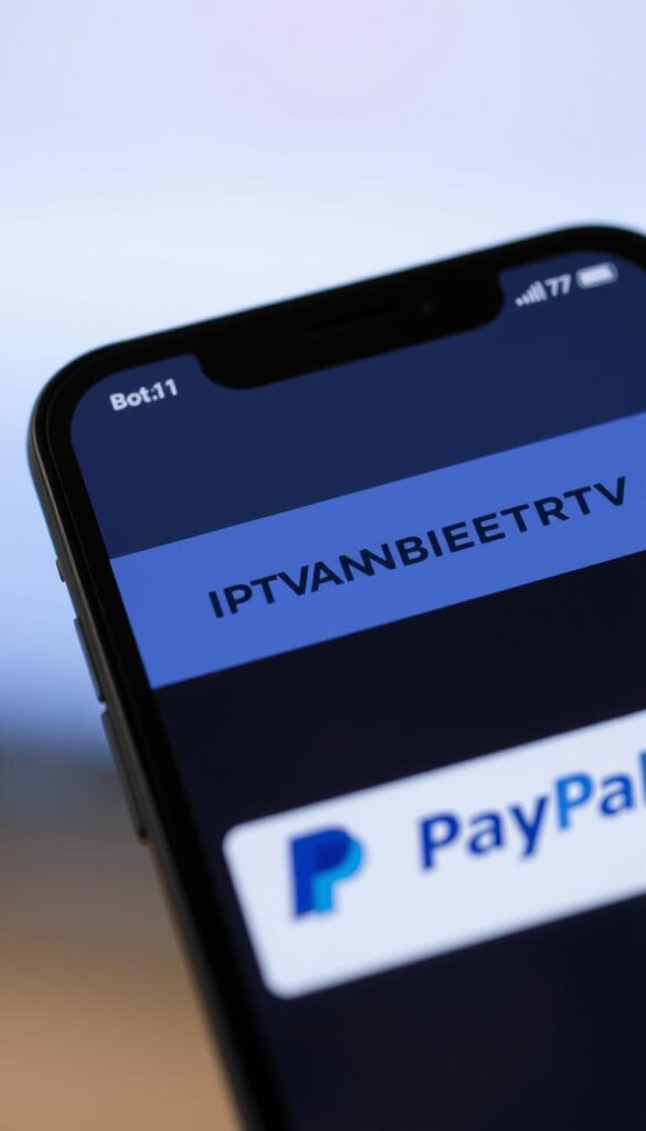 A close-up shot of a smartphone screen displaying the IPTVANBIETERTV logo and a PayPal payment screen, showcasing a seamless and secure transaction process. The screen is well-lit, with a clean and modern user interface. The background is blurred, maintaining the focus on the foreground elements. The image conveys a sense of efficiency, trust, and simplicity, reflecting the ease of the IPTV payment experience with PayPal.