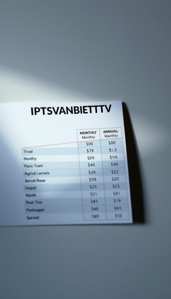 A close-up shot of an IPTVANBIETERTV subscription pricing display, showcasing a clear and organized table of monthly and annual packages. The table features bold headings, crisp typography, and neatly aligned columns detailing the costs for different service tiers. The background is a minimalist, muted palette, allowing the pricing information to take center stage. Subtle lighting from the side casts just enough shadow to give depth and dimension to the table, creating a professional, high-quality impression. The overall mood is one of transparency and attention to detail, reflecting the importance of understanding the IPTV service's pricing structure.