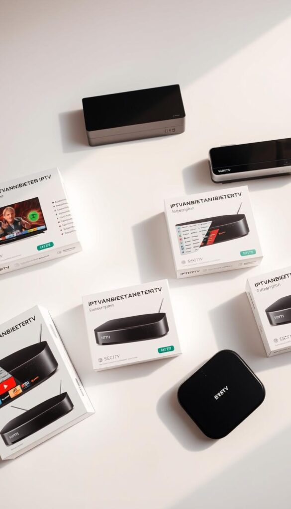 A close-up shot of various IPTV service packages and devices displayed on a clean, minimalist background. The packages are neatly arranged, showcasing different subscription tiers, channel lineups, and device compatibility. The packages are labeled with the brand name "IPTVANBIETERTV", conveying a sense of professionalism and reliability. The lighting is soft and diffused, creating a warm, inviting atmosphere. The overall composition emphasizes the affordability and value proposition of the IPTV offerings, in line with the section title "Günst, preiswert".