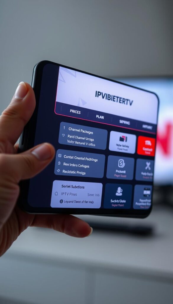A close-up shot of various IPTV service plans and subscription offerings, displayed on a sleek, modern device screen. The device is held by a well-manicured hand, hinting at a premium, high-quality experience. The screen showcases the IPTVANBIETERTV brand prominently, with a minimalist, elegant UI design highlighting different pricing tiers, channel packages, and feature sets. The lighting is soft and diffused, creating a sense of sophistication and professionalism. The background is blurred, keeping the focus on the device and the IPTV service details. The overall mood is one of clarity, precision, and a premium IPTV offering.