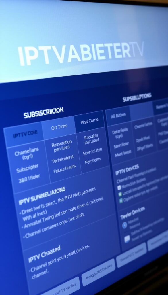 A close-up shot of various IPTV subscription options and packages presented on a sleek, modern interface. The layout features the IPTVANBIETERTV brand prominently displayed, with detailed descriptions of the different plans, including pricing, channel lineups, and supported devices. The design conveys a sense of professionalism and user-friendliness, with clean typography, subtle gradients, and carefully curated icons. The image is lit from the side, creating depth and highlighting the key information. The background is slightly blurred, keeping the focus on the subscription details in the foreground.