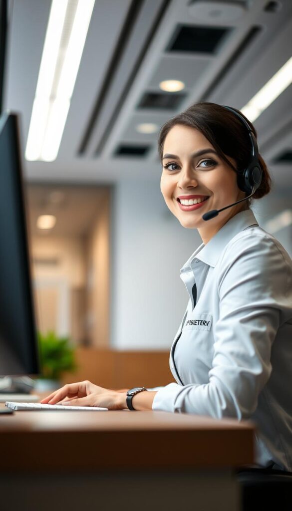 A close-up view of a customer service representative from IPTVANBIETERTV, sitting at a desk in a modern, well-lit office. The agent is wearing a professional attire and has a warm, friendly expression, ready to assist the customer. The background features a sleek, minimalist design with clean lines and neutral colors, creating a calming and efficient atmosphere. The lighting is soft and diffused, highlighting the agent's face and creating a sense of approachability. The camera angle is slightly elevated, giving the viewer a sense of the agent's competence and the company's commitment to providing excellent customer service.