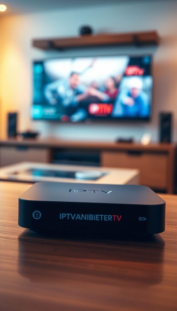 A close-up view of a modern IPTV set-top box with a sleek, minimalist design, placed on a wooden table. The box features the "IPTVANBIETERTV" brand name prominently displayed. Soft, warm lighting illuminates the scene, creating a cozy and inviting atmosphere. In the background, a blurred view of a living room with a television screen and other home entertainment equipment can be seen, suggesting the integration of IPTV technology into a home media setup. The overall composition emphasizes the simplicity and user-friendliness of IPTV, conveying a sense of effortless connectivity and entertainment.