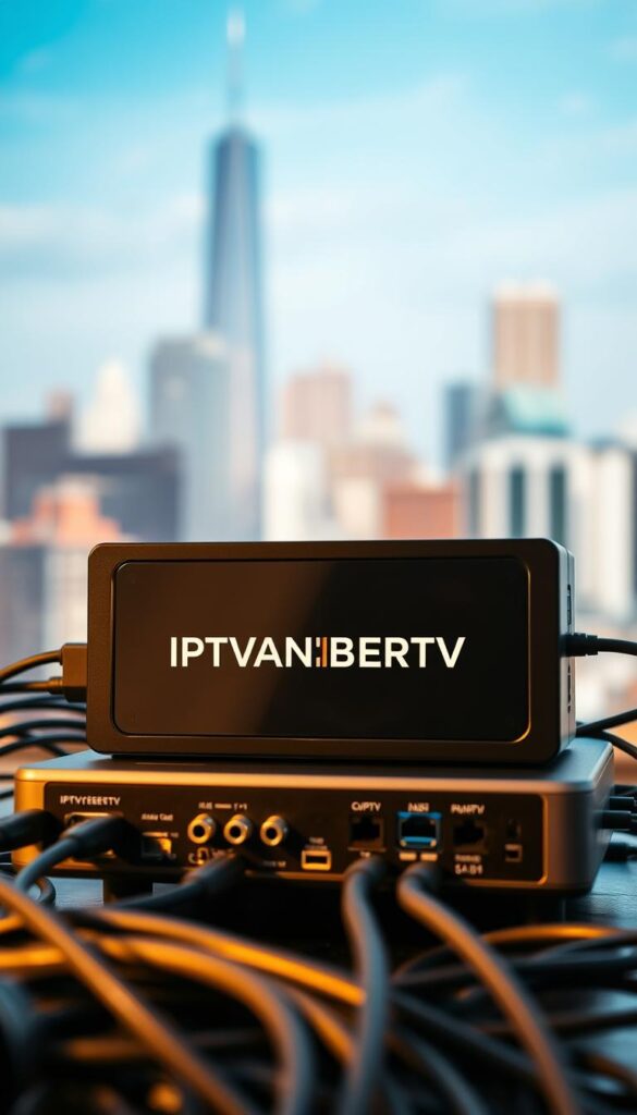 A close-up view of a modern IPTV technology setup, showcasing a sleek black set-top box with the "IPTVANBIETERTV" logo prominently displayed on the front panel. The device is surrounded by various cables and connectors, highlighting the interconnected nature of the IPTV system. The background features a blurred, yet vibrant cityscape, suggesting the urban and digital environment in which IPTV thrives. The lighting is warm and natural, creating a visually appealing and informative composition that effectively communicates the essence of IPTV technology.