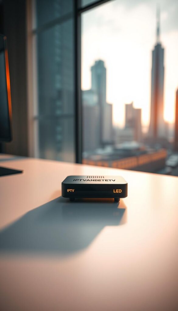 A close-up view of a modern IPTVANBIETERTV device, its sleek black casing and LED indicators prominently displayed. The device is placed on a clean, minimalistic desk, bathed in warm, indirect lighting that casts subtle shadows. In the background, a blurred cityscape with towering skyscrapers suggests the urban setting and the technological advancements powering IPTV. The composition emphasizes the centrality and importance of the IPTVANBIETERTV device, reflecting its role in revolutionizing the way we consume television content.