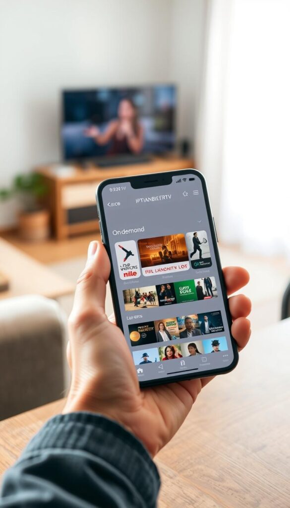 A close-up view of a person's hand holding a modern smartphone displaying the IPTVANBIETERTV app interface. The screen shows a grid of live TV channels and on-demand content, with a clean and intuitive user interface. The smartphone is placed on a wooden table, with a blurred background featuring a cozy, well-lit living room setting. Soft, natural lighting from a nearby window creates a warm, inviting atmosphere. The overall scene conveys the ease and convenience of enjoying TV entertainment on the go with the IPTVANBIETERTV app.
