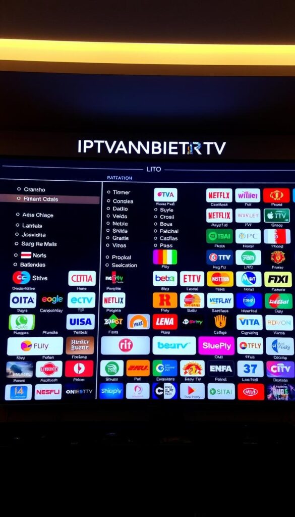 A comprehensive IPTV channel list displayed on a sleek, modern interface. The screen showcases a diverse array of international TV channels, meticulously organized into logical categories. The layout is clean and intuitive, with sharp, high-resolution icons and logos. Elegant typography highlights channel names, while a subtle color palette creates a visually appealing and professional aesthetic. The overall scene conveys a sense of technology, entertainment, and global connectivity. Subtle lighting from above casts a warm, inviting glow, drawing the viewer's attention to the IPTVANBIETERTV branding prominently featured at the top of the display.