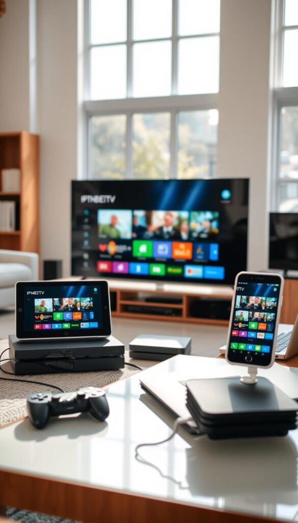 A contemporary living room scene with a variety of electronic devices showcasing the versatility of IPTVANBIETERTV. In the foreground, a sleek smart TV displays high-quality video content. Beside it, a tablet and smartphone seamlessly mirror the same IPTV experience, highlighting the multi-device support. The middle ground features a gaming console and a laptop, all connected and accessing the IPTVANBIETERTV service. The background reveals large windows flooding the space with natural light, creating a bright and inviting atmosphere. The overall composition emphasizes the ease of use and flexibility of IPTVANBIETERTV across a diverse range of devices in a modern, well-appointed home setting. A contemporary living room scene with a variety of electronic devices showcasing the versatility of IPTVANBIETERTV. In the foreground, a sleek smart TV displays high-quality video content. Beside it, a tablet and smartphone seamlessly mirror the same IPTV experience, highlighting the multi-device support. The middle ground features a gaming console and a laptop, all connected and accessing the IPTVANBIETERTV service. The background reveals large windows flooding the space with natural light, creating a bright and inviting atmosphere. The overall composition emphasizes the ease of use and flexibility of IPTVANBIETERTV across a diverse range of devices in a modern, well-appointed home setting.