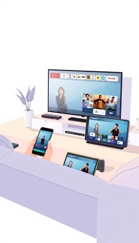 A contemporary, sleek illustration depicting the simultaneous use of IPTVANBIETERTV on multiple devices. The scene showcases a variety of modern gadgets, such as a smartphone, a tablet, and a smart TV, all seamlessly connected and streaming content in harmony. The devices are arranged in a visually appealing layout, with clean lines and a minimalist aesthetic. Soft, diffused lighting creates a warm, inviting atmosphere, highlighting the effortless functionality of the IPTVANBIETERTV platform. The overall composition conveys a sense of convenience, connectivity, and the ability to enjoy content across various screens simultaneously.