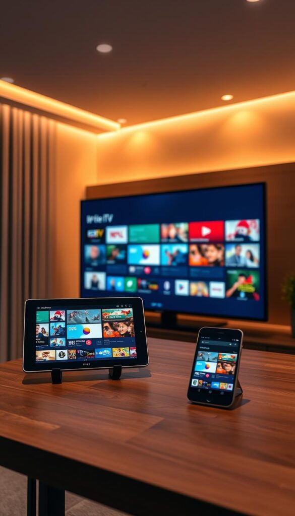 A contemporary, sleek interior with multiple IPTV panels displayed on various devices - a smart TV, a tablet, and a smartphone - showcasing the seamless experience of IPTVANBIETERTV. The devices are positioned on a minimalist, wooden desk, bathed in warm, directional lighting that highlights the crisp, vibrant screens. The overall atmosphere conveys a sense of convenience, flexibility, and technological integration, reflecting the section's focus on using IPTV on multiple devices for the whole family.