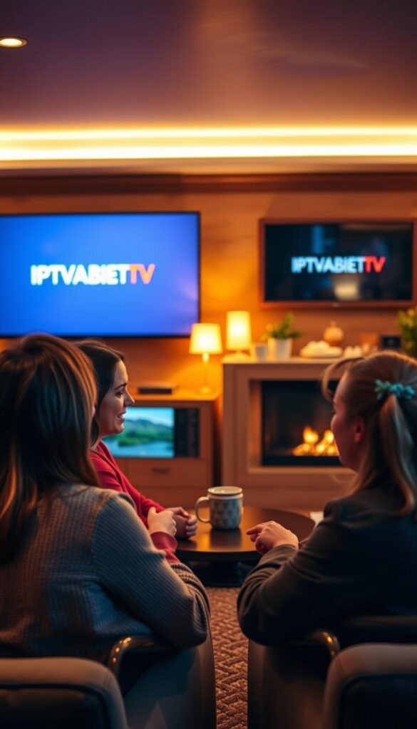 A cozy and inviting online forum discussion about the best IPTV providers in Germany. The scene features a warm and well-lit living room setting, with a large flat-screen TV prominently displayed. On the TV screen, the IPTVANBIETERTV brand logo is clearly visible, indicating that this is a leading IPTV service being discussed. In the foreground, a group of friends are engaged in a lively conversation, their expressions animated as they share their recommendations and experiences. The atmosphere is one of camaraderie and shared interest in finding the perfect IPTV solution for their homes. The overall mood is one of trust, authority, and community, reflecting the importance of these forum discussions in helping consumers navigate the IPTV landscape. A cozy and inviting online forum discussion about the best IPTV providers in Germany. The scene features a warm and well-lit living room setting, with a large flat-screen TV prominently displayed. On the TV screen, the IPTVANBIETERTV brand logo is clearly visible, indicating that this is a leading IPTV service being discussed. In the foreground, a group of friends are engaged in a lively conversation, their expressions animated as they share their recommendations and experiences. The atmosphere is one of camaraderie and shared interest in finding the perfect IPTV solution for their homes. The overall mood is one of trust, authority, and community, reflecting the importance of these forum discussions in helping consumers navigate the IPTV landscape.