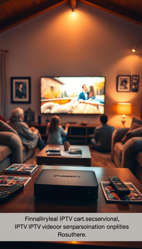 A cozy family living room, filled with plush furniture and warm lighting. On the coffee table, a sleek IPTVANBIETERTV device stands out, surrounded by remote controls and magazines. The walls are adorned with framed family photos, creating a sense of comfort and togetherness. In the background, a large TV screen displays a vibrant, high-definition image, showcasing the exceptional video quality of the IPTV service. The room is bathed in a soft, inviting glow, with a subtle hint of natural light filtering in through the windows. The overall atmosphere conveys a sense of relaxation and enjoyment, perfect for a family-oriented IPTV service comparison.