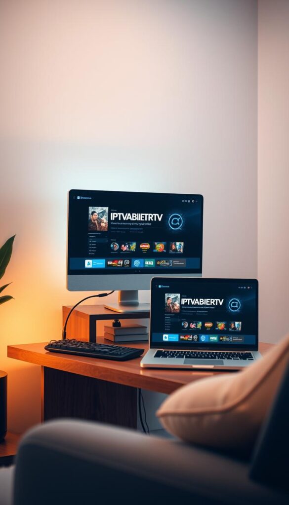 A cozy home office setup, featuring a sleek desktop computer and a modern laptop, both displaying the IPTVANBIETERTV interface. Soft, warm lighting illuminates the scene, creating a comfortable and inviting atmosphere. The desktop PC stands on a sturdy wooden desk, its screen showcasing a crisp, high-definition IPTV stream. The laptop, positioned nearby, mirrors the same content, allowing for seamless IPTV viewing on the go. The room is decorated with minimalist decor, creating a clean and professional vibe, perfect for enjoying IPTV entertainment at home or on the move.