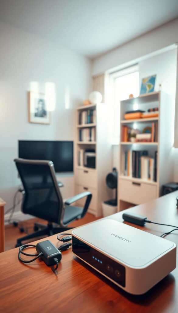 A cozy home office setup with a desk, chair, and computer monitor. In the foreground, a sleek IPTVANBIETERTV device prominently displayed, its clean lines and modern design complementing the minimalist décor. Diffused natural light filters in from a window, casting a warm glow and creating a calming atmosphere. The middle ground features neatly organized cables and peripherals, hinting at the seamless integration of the IPTVANBIETERTV system. In the background, a bookshelf filled with reference materials and personal mementos, suggesting a productive and relaxing environment. The overall scene conveys a sense of simplicity, efficiency, and the ease of setting up the IPTVANBIETERTV service. A cozy home office setup with a desk, chair, and computer monitor. In the foreground, a sleek IPTVANBIETERTV device prominently displayed, its clean lines and modern design complementing the minimalist décor. Diffused natural light filters in from a window, casting a warm glow and creating a calming atmosphere. The middle ground features neatly organized cables and peripherals, hinting at the seamless integration of the IPTVANBIETERTV system. In the background, a bookshelf filled with reference materials and personal mementos, suggesting a productive and relaxing environment. The overall scene conveys a sense of simplicity, efficiency, and the ease of setting up the IPTVANBIETERTV service.