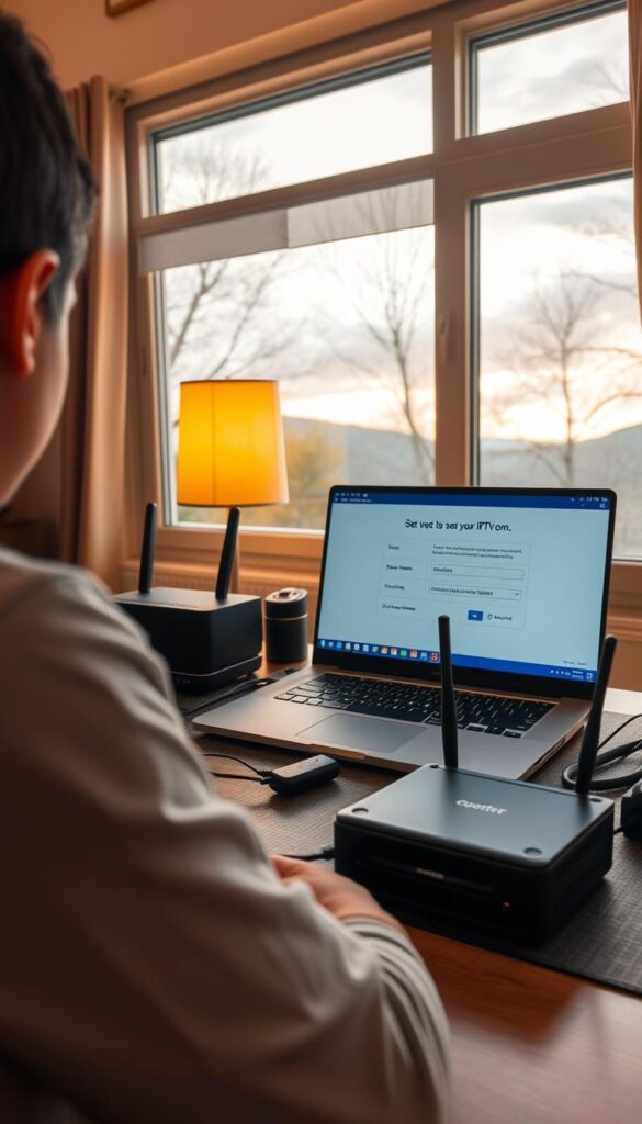 A cozy home office setup with a laptop, router, and various electronic devices neatly arranged on a wooden desk. Warm, ambient lighting creates a calming atmosphere, while the windows offer a glimpse of a picturesque outdoor scene. The user is focused on the laptop screen, navigating through the IPTVANBIETERTV.com interface to set up their IPTV service with ease and efficiency. The scene conveys a sense of simplicity, organization, and the seamless integration of technology into everyday life.