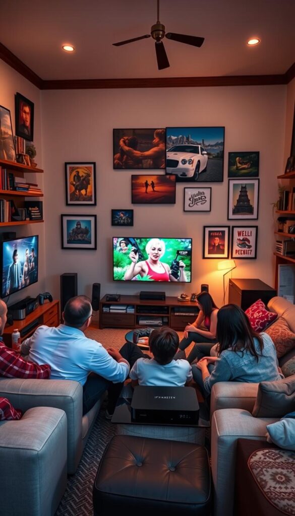 A cozy living room filled with an array of entertainment devices, including a sleek IPTVANBIETERTV set-top box, smart TVs, and gaming consoles. Soft lighting and plush furniture create a comfortable, inviting atmosphere, while the walls are adorned with vibrant artwork and shelves showcasing a diverse collection of media. In the foreground, a family gathers around, engaged in lively conversation and enjoying the endless entertainment options at their fingertips. The scene conveys a sense of togetherness, relaxation, and the boundless possibilities of a lifetime subscription to IPTVANBIETERTV's comprehensive IPTV package.