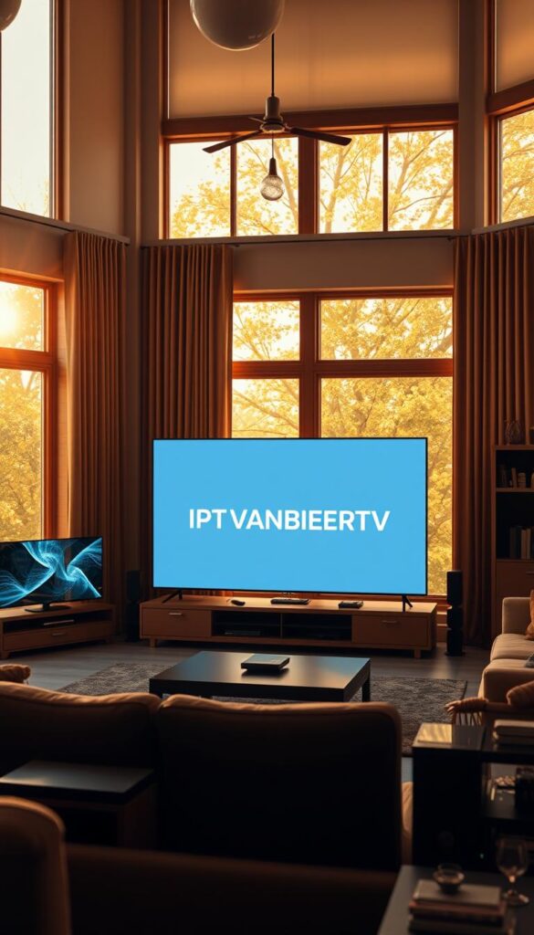 A cozy living room filled with the warm glow of natural light streaming through large windows. In the center, a sleek and modern IPTV panel displaying the IPTVANBIETERTV brand logo prominently. The panel is surrounded by various electronic devices, each showcasing the seamless integration of the IPTV service across multiple platforms. The room exudes a sense of contentment and satisfaction, hinting at the long-lasting enjoyment and convenience that the IPTV panel offers to its users.