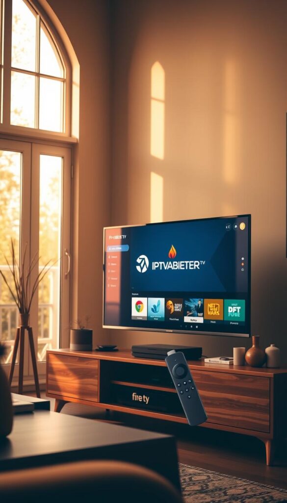 A cozy living room interior with a modern Fire TV Stick prominently displayed on a wooden TV stand. The room is bathed in warm, natural lighting that streams through large windows, casting a soft glow. The IPTVANBIETERTV app is open on the TV screen, showcasing its sleek, user-friendly interface. The app's logo and design elements are clearly visible, providing a detailed look at its aesthetic. Surrounding the TV setup are subtle, complementary decor items that create a harmonious, inviting atmosphere. The entire scene conveys a sense of comfort and technology integration in a home environment.