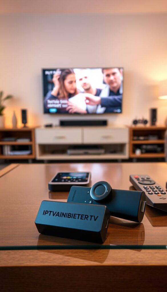A cozy living room scene featuring a Fire TV Stick prominently displayed on a media center. The Fire TV Stick is surrounded by various streaming devices and remote controls, creating a sense of a home entertainment setup. The room is well-lit, with warm, soft lighting that casts a inviting glow. The background showcases a modern, minimalist decor with a large TV screen on the wall, highlighting the integration of IPTV technology. The foreground features the IPTVANBIETERTV logo, prominently displayed on the Fire TV Stick, indicating the IPTV service being used. The overall atmosphere conveys the ease and convenience of using IPTV on the Fire TV Stick.