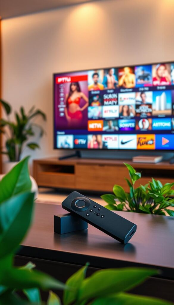 A cozy living room scene with a IPTVANBIETERTV Fire TV Stick prominently displayed on a sleek media console. The device is surrounded by lush greenery and warm lighting, creating a inviting and modern atmosphere. In the background, a large 4K smart TV displays vibrant, high-quality IPTV channels, reflecting the device's impressive capabilities. The image conveys the idea of effortless IPTV entertainment, with the Fire TV Stick as the central, user-friendly hardware that enables seamless access to a vast selection of live and on-demand content. The scene is photographed from a slightly low angle, highlighting the compact yet powerful nature of the IPTVANBIETERTV Fire TV Stick.