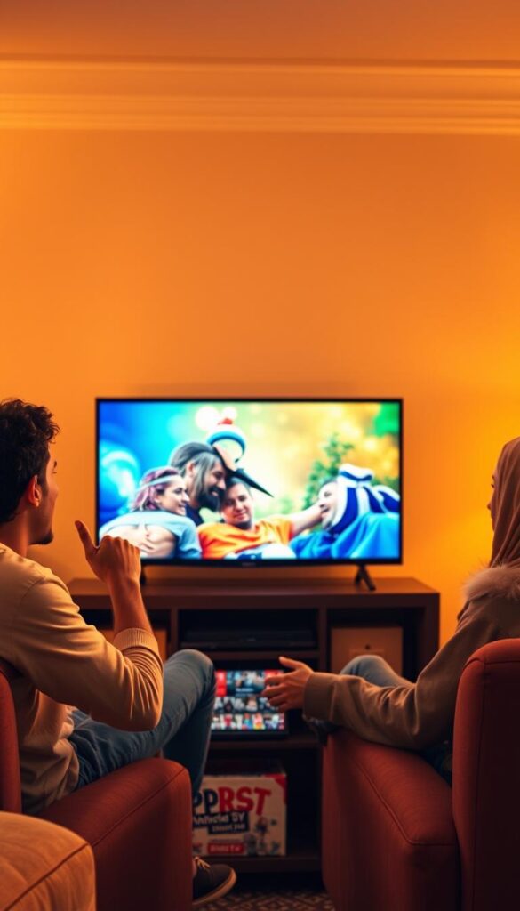 A cozy living room scene with a group of friends gathered around a television, engaged in animated conversation about their experiences with the premium IPTVANBIETERTV service called "venom iptv". The room is bathed in warm, golden lighting, casting a relaxed and inviting atmosphere. The friends' expressions convey a sense of satisfaction and excitement as they share their positive reviews. The television screen displays a vivid, high-quality image, reflecting the premium quality of the service. The overall composition emphasizes the social aspect of the experience, with the friends' interactions taking center stage.