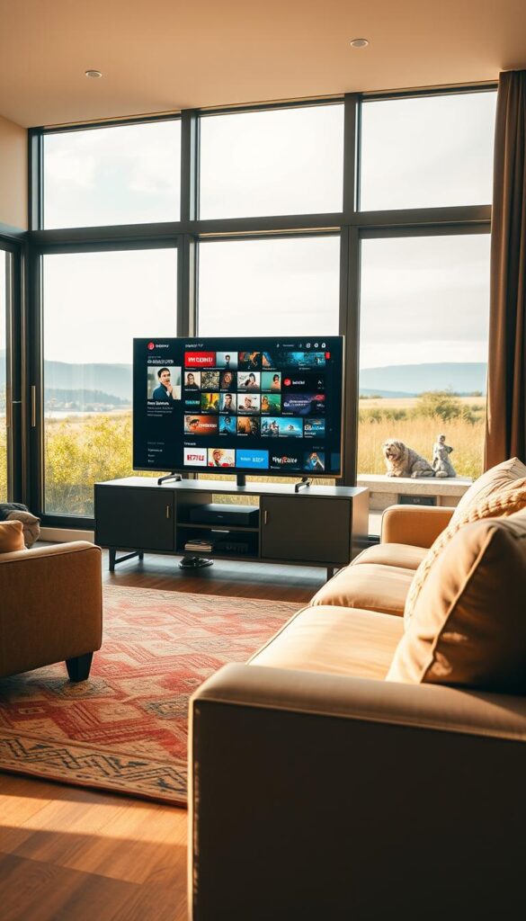 A cozy living room scene with a large flat-screen TV displaying the IPTVANBIETERTV interface, showcasing a variety of content options. The room is bathed in warm, soft lighting, creating a relaxed and inviting atmosphere. In the foreground, a comfortable sofa and armchair invite viewers to settle in and enjoy the streaming experience. The middle ground features a modern, minimalist media console, housing the IPTVANBIETERTV set-top box. The background reveals large windows, letting in natural light and providing a glimpse of a peaceful outdoor landscape. The overall composition conveys a sense of contentment and satisfaction with the IPTVANBIETERTV service.