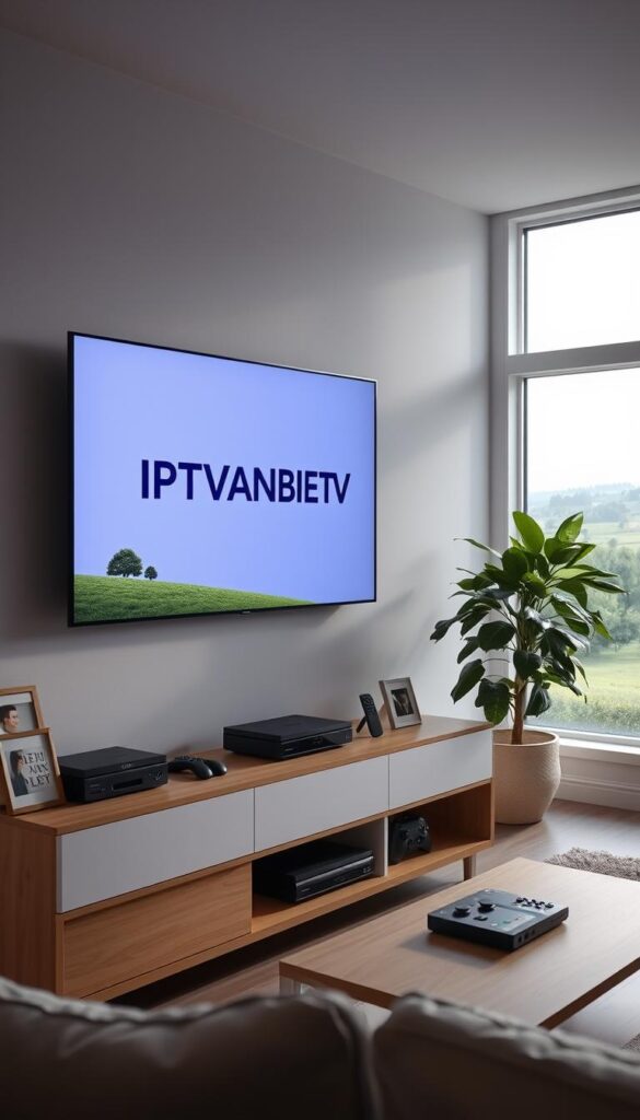 A cozy living room scene with a large flat-screen TV on the wall, displaying the "IPTVANBIETERTV" brand logo in a sleek, modern design. Surrounding the TV, various electronic devices like a streaming box, gaming console, and remote controls are neatly arranged on a minimalist wooden entertainment center. Soft, diffused lighting creates a warm, inviting atmosphere, while large windows in the background offer a glimpse of a scenic German countryside landscape. The room is decorated with a few subtle personal touches, like framed family photos and a lush potted plant, conveying a sense of comfort and satisfaction. The overall composition suggests a positive and seamless "IPTV Erfahrungen und Bewertungen" for the "German IPTV Erfahrungen" section.