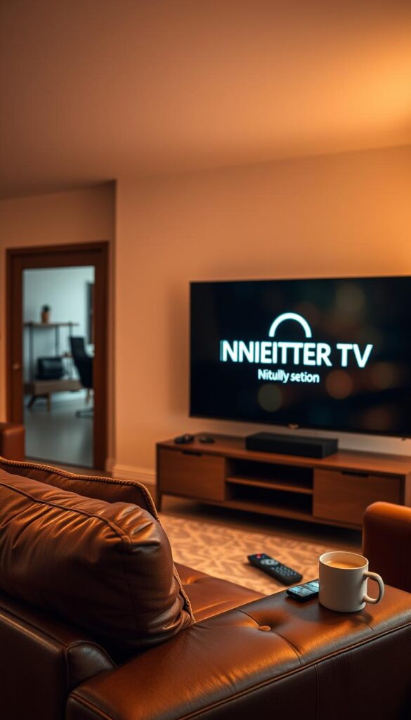 A cozy living room scene with a large, modern television displaying the IPTVANBIETERTV logo. The room is bathed in warm, soft lighting, creating a inviting atmosphere. In the foreground, a comfortable leather sofa and armchair face the TV, suggesting a relaxed, long-term viewing experience. On a side table, a remote control and a mug of hot beverage convey a sense of convenience and indulgence. The background features neutral-toned walls and minimal decor, keeping the focus on the central entertainment setup. The overall composition exudes a feeling of enduring enjoyment and hassle-free entertainment.
