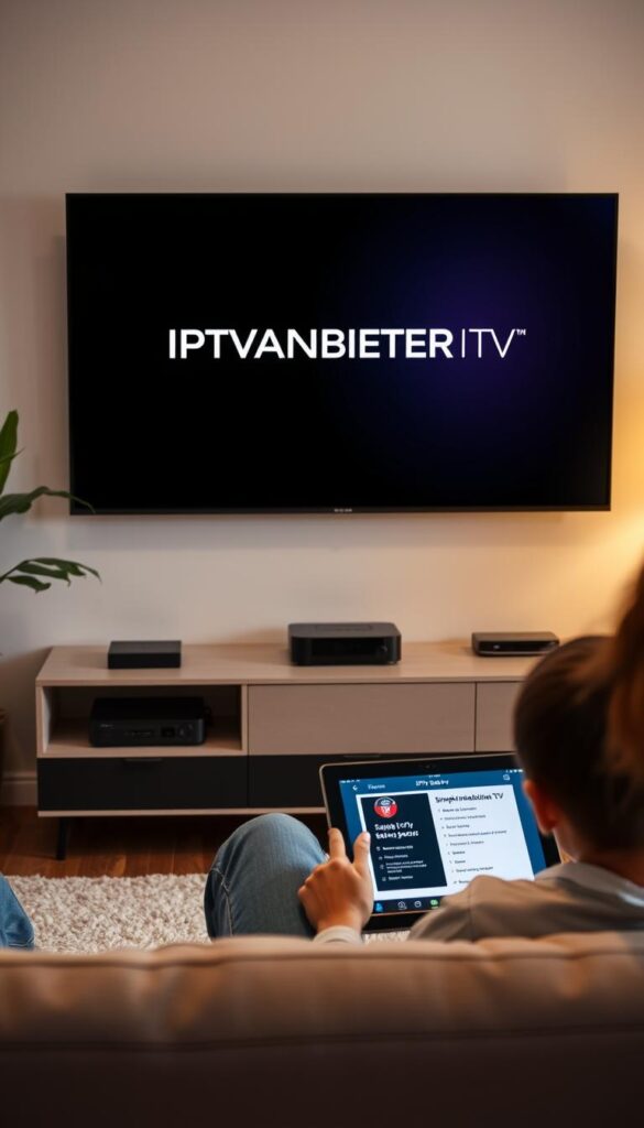 A cozy living room scene with a modern smart TV display prominently showcasing the IPTVANBIETERTV logo. In the foreground, a person sits on a comfortable couch, intently focused on a tablet device, navigating through a simple and intuitive IPTV setup interface. Soft, warm lighting illuminates the room, creating a welcoming atmosphere. The middle ground features a minimalist entertainment center, housing the IPTV set-top box and various connected devices. The background depicts a serene, plant-filled corner, conveying a sense of relaxation and ease. The overall composition emphasizes the simplicity and accessibility of the IPTV installation process, targeting a tech-savvy yet approachable audience.