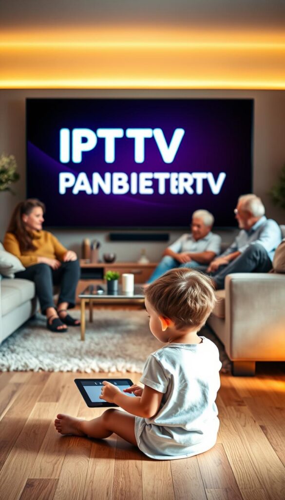 A cozy living room setting with a family gathered around a large flat-screen TV, the words "IPTVANBIETERTV" prominently displayed on the screen. In the foreground, a young child sitting on the floor, intently focused on a tablet, while their parents and grandparents relax on comfortable sofas, all engaged in the content. Warm, soft lighting illuminates the scene, creating a sense of togetherness and ease. The room is tastefully decorated with natural elements, such as wood and plants, reflecting a modern, family-friendly aesthetic. The overall atmosphere conveys the simplicity and accessibility of the IPTV experience for all generations.