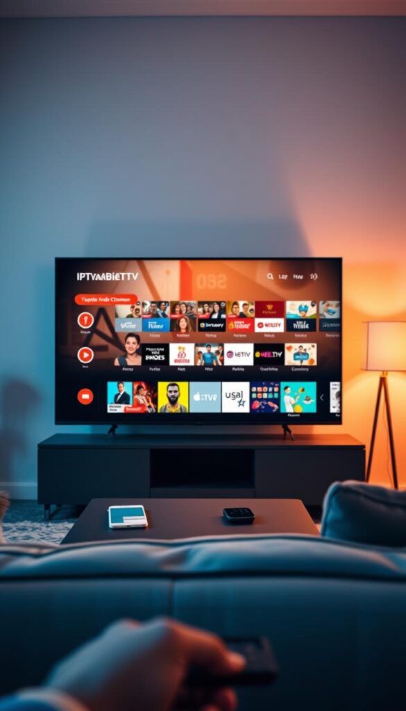 A cozy living room setting with a modern smart TV prominently displayed in the center. The TV screen shows the IPTVANBIETERTV interface, showcasing a diverse selection of channels and content. The room is bathed in warm, soft lighting, creating a inviting atmosphere. In the foreground, a remote control and a mobile device are visible, alluding to the ease of setup and control. The background features subtle, minimalist decor, allowing the TV and the IPTVANBIETERTV interface to take center stage. The overall composition conveys a sense of comfort, technology, and seamless integration of IPTV into the home entertainment experience.
