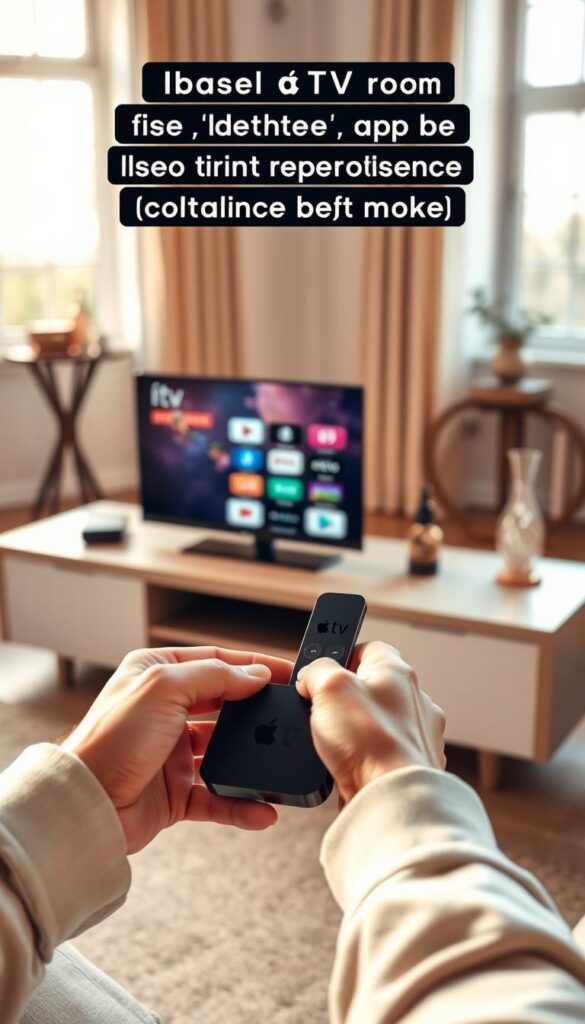 A cozy living room setting with an Apple TV device prominently displayed on a sleek media console. The room is bathed in warm, natural lighting from large windows, creating a welcoming atmosphere. In the foreground, the user's hands are carefully navigating the IPTVANBIETERTV app interface on the Apple TV, exploring the various channels and features. The background features subtle, blurred decor elements that complement the minimalist, modern aesthetic. The overall composition conveys a sense of ease and familiarity with the IPTV app installation process on the Apple TV.