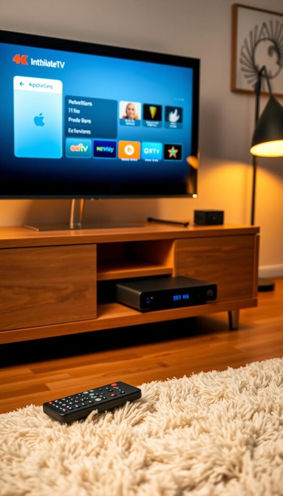 A cozy living room setup showcasing the simple setup and use of an IPTVANBIETERTV international IPTV receiver. The receiver sits on a modern wooden media stand, connected to a 4K smart TV. Warm lighting from a nearby floor lamp casts a soft glow, creating a welcoming atmosphere. The TV displays a clean, user-friendly interface, guiding the viewer through the service's intuitive menu options. In the foreground, a remote control rests on a plush rug, emphasizing the effortless control. The background features a minimalist wall decor, complementing the contemporary design. Overall, the scene conveys the easy installation and seamless operation of the IPTVANBIETERTV IPTV service.
