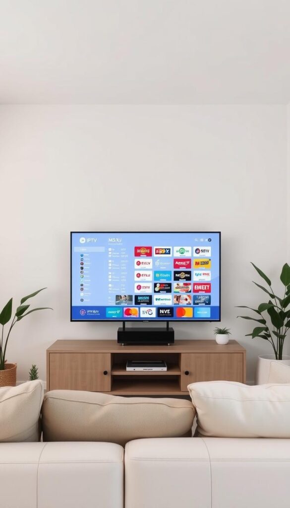 A cozy living room setup with a large TV screen displaying an IPTVANBIETERTV interface. The screen shows a clean, intuitive m3u playlist with a variety of free IPTV channels, organized neatly. Soft lighting illuminates the scene, creating a warm and inviting atmosphere. The TV is situated on a modern media cabinet, surrounded by minimal decor and plants, giving a sense of simplicity and ease of use. The room exudes a modern, minimalist aesthetic that complements the IPTVANBIETERTV interface, highlighting the streamlined experience of accessing a diverse range of entertainment content.