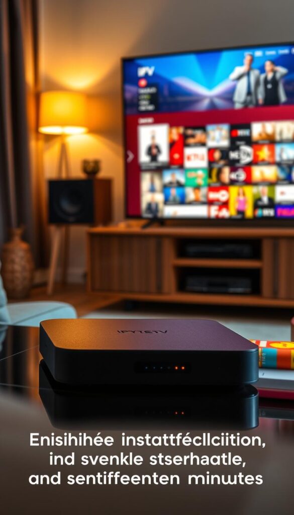 A cozy living room setup with a sleek IPTVANBIETERTV box prominently displayed on an entertainment center. The lighting is warm and inviting, creating a relaxing atmosphere. In the background, a large flat-screen TV displays the IPTV interface, showcasing a wide variety of channels and content. The scene is captured from a slightly elevated angle, emphasizing the simplicity and convenience of the IPTV setup. The overall impression is one of effortless media consumption, reflecting the "Einfache Installation und Einrichtung in wenigen Minuten" theme.