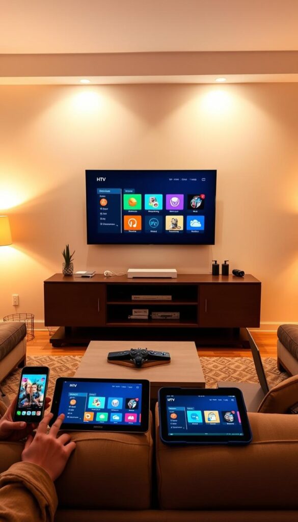 A cozy living room with a large HDTV screen showcasing the IPTVANBIETERTV interface. Multiple devices, such as a smartphone, tablet, and laptop, are seamlessly connected, demonstrating the service's multi-device support. The room is bathed in warm, ambient lighting, creating a inviting atmosphere for enjoying IPTV content across various screens. The layout is clean and modern, with minimalist furniture and decor, allowing the technology to take center stage. The overall scene conveys the convenience and flexibility of IPTVANBIETERTV's multi-device capabilities.