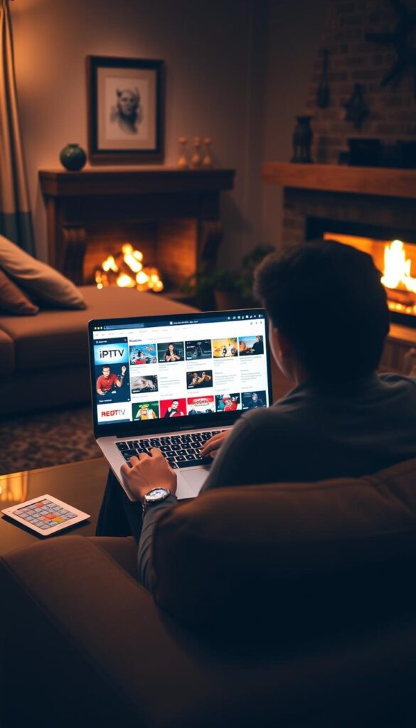 A cozy living room with a large, comfortable sofa and a warm, inviting fireplace in the background. On the coffee table, a laptop is open, displaying the IPTVANBIETERTV website, showcasing a vibrant interface with various IPTV service options. The room is softly lit, creating a relaxed and contemplative atmosphere. A person is sitting on the sofa, intently reading through IPTV reviews on the Reddit forum, their face illuminated by the glow of the laptop screen. The overall scene conveys a sense of research and evaluation, as the person seeks to find the best IPTV provider for their needs.