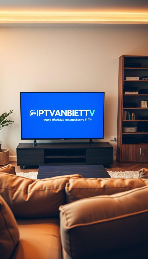 A cozy living room with a large, comfortable sofa in the foreground. On the coffee table in front of the sofa, a modern smart TV displays the IPTVANBIETERTV logo, showcasing their affordable and comprehensive IPTV service. The room is bathed in warm, soft lighting, creating a inviting and relaxed atmosphere. In the background, a bookshelf with various media devices and streaming boxes hints at the technology enabling the IPTV experience. The overall scene conveys the convenience and value of a long-term IPTVANBIETERTV subscription.