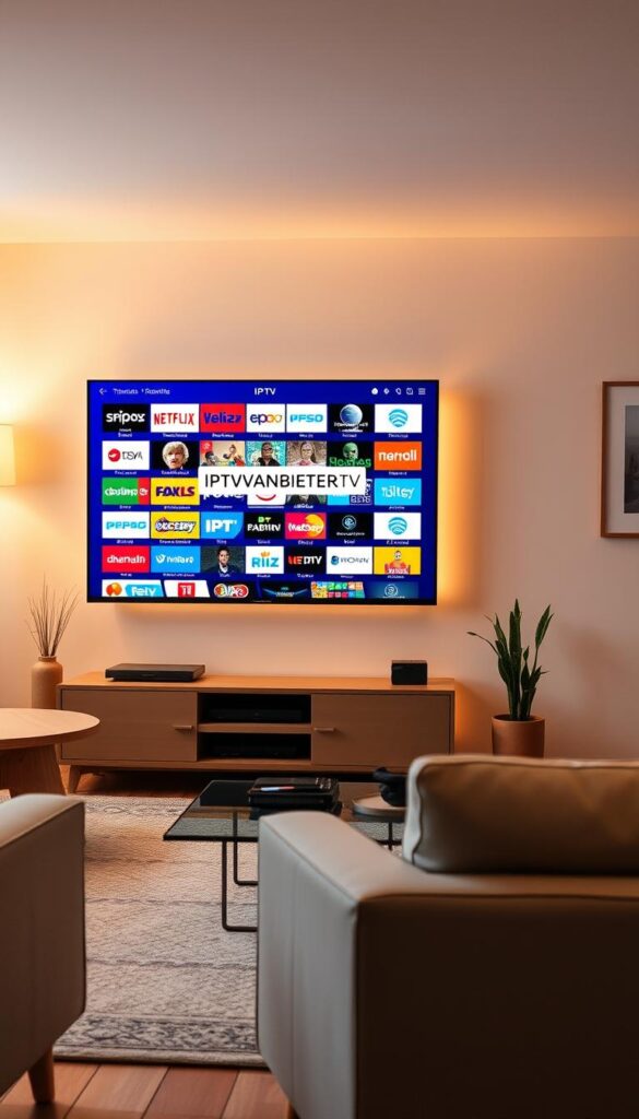 A cozy living room with a large flat-screen TV, displaying a diverse array of IPTV channels. The room is bathed in warm, soft lighting, creating a welcoming and comfortable atmosphere. On the TV, the IPTVANBIETERTV logo is prominently displayed, showcasing the provider's extensive channel offering. The room is furnished with modern, minimalist furniture, and the walls are adorned with tasteful artwork, complementing the overall aesthetic. The scene conveys a sense of relaxation and entertainment, reflecting the comprehensive IPTV experience for German viewers.