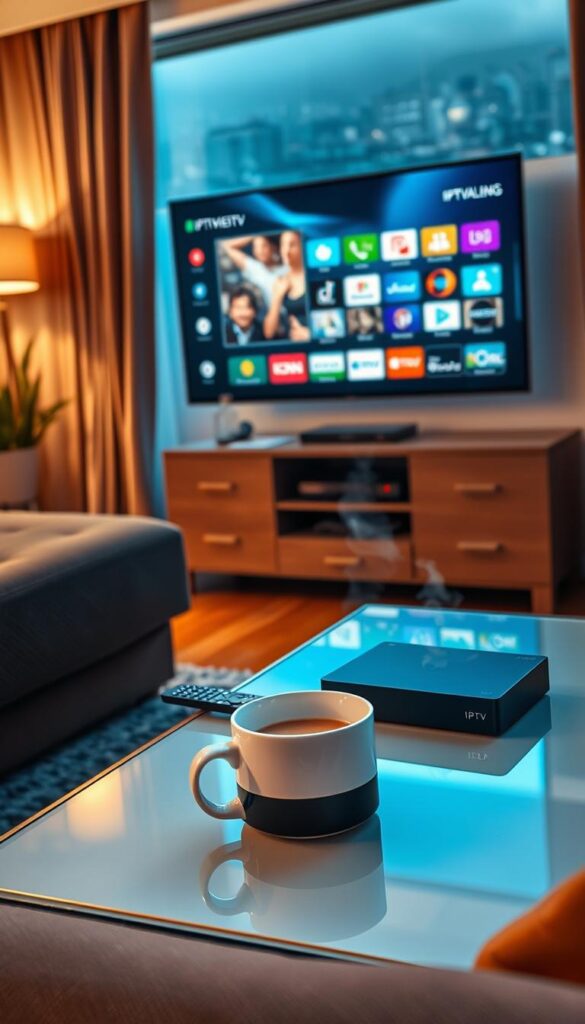 A cozy living room with a large flat-screen TV displaying a vibrant IPTV interface. The room is softly lit, creating a warm and inviting atmosphere. On the coffee table, a sleek remote control and a high-end IPTVANBIETERTV set-top box sit alongside a steaming mug of coffee. Through the window, a city skyline is visible, hinting at the vast selection of channels available. The overall scene conveys a sense of comfort and entertainment, reflecting the "lebenslang" (lifelong) enjoyment of premium IPTV content.
