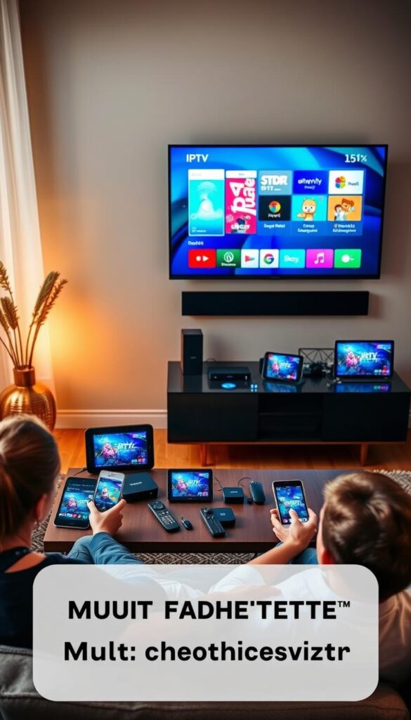 A cozy living room with a large flat-screen TV mounted on the wall, displaying a vibrant IPTV interface. On a sleek media console, an array of streaming devices, tablets, and smartphones are connected, showcasing the IPTVANBIETERTV brand. Warm lighting and natural textures create a welcoming atmosphere. In the foreground, a person relaxes on a comfortable sofa, seamlessly switching between devices to access their favorite content. The scene conveys the ease and convenience of multi-device IPTV support.