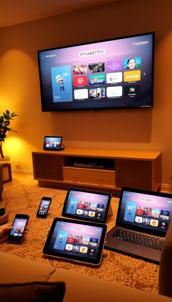 A cozy living room with a large flat-screen TV mounted on the wall, displaying the IPTVANBIETERTV interface. Surrounding the TV, various devices such as a smartphone, tablet, and laptop are arranged, each showcasing the IPTV service on their respective screens. The room is illuminated by warm, soft lighting, creating an inviting atmosphere. The layout and placement of the devices suggest the seamless integration and flexibility of the IPTV service, allowing users to enjoy their favorite content across multiple devices.