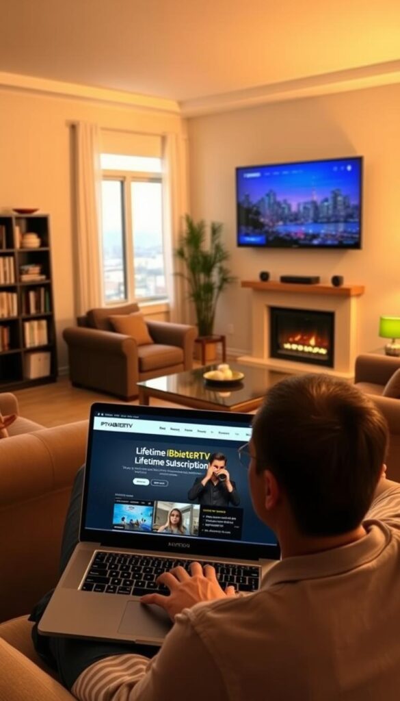 A cozy living room with a large flat-screen TV mounted on the wall, surrounded by comfortable sofas and armchairs. In the foreground, a person sits with a laptop, browsing the IPTVANBIETERTV website, exploring their "lifetime IPTV subscription" offer. The room is filled with warm, inviting lighting, creating a relaxed atmosphere. The background features a bookshelf, a potted plant, and a window overlooking a picturesque city skyline. The image conveys the convenience and affordability of a lifetime IPTV plan, perfect for enjoying entertainment on multiple devices in the comfort of one's own home.