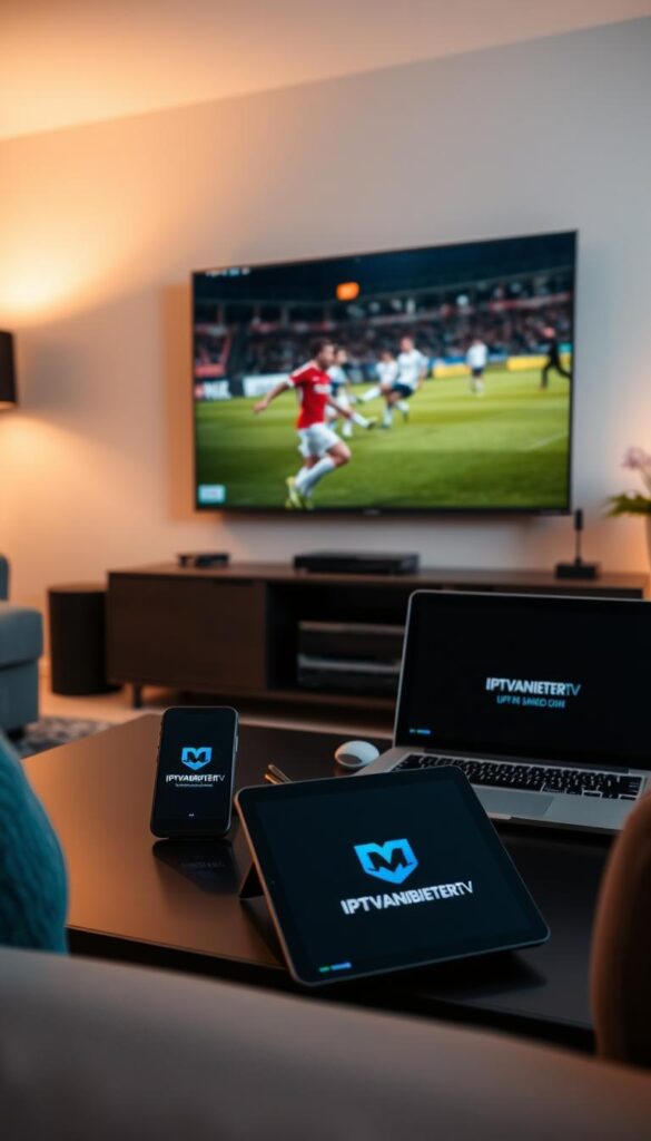 A cozy living room with a large flat-screen TV mounted on the wall. On the coffee table, a smartphone, laptop, and tablet are arranged, all displaying the IPTVANBIETERTV logo. The room is bathed in warm, diffused lighting, creating a relaxed atmosphere. Soccer players can be seen on the TV screen, with the game's audio audible in the background. The scene conveys the idea of being able to enjoy a football match across multiple devices, seamlessly transitioning between them to provide a truly immersive viewing experience.
